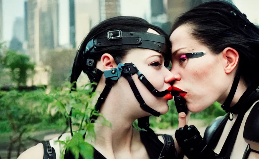 Prompt: cinestill 5 0 d photographic portrait by helen levitt of two loving female cyborgs kiss wearing black techwear in a retrofuturist garden, extreme closeup, modern cyberpunk, 8 k, hd, high resolution, 3 5 mm, f / 3 2, ultra realistic faces, intricate detail, ex machina