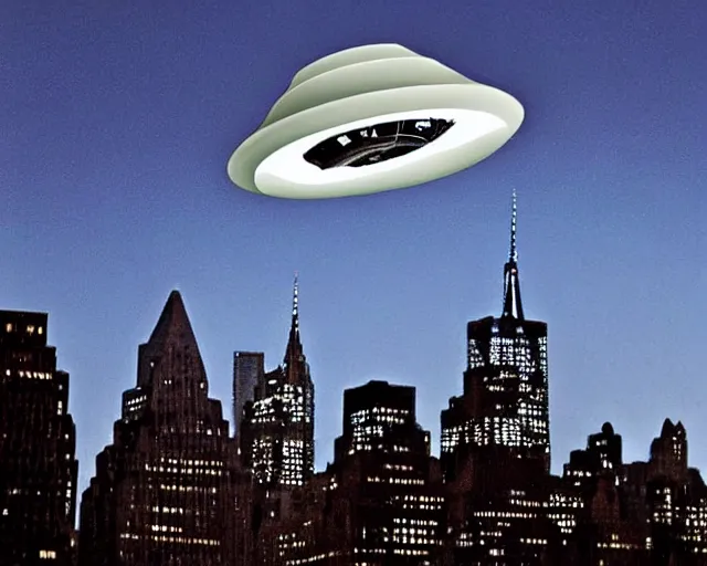 Image similar to ufo spaceship orbiting new york city. high momentum.