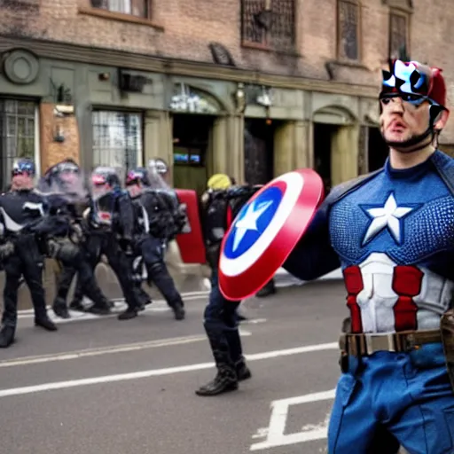 Prompt: photo of captain america fighting an edl march in a british pub