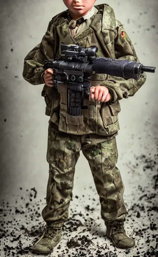 Prompt: toy photo, grabbing a rifle, school uniform, portrait of the action figure of a girl, anime character anatomy, anime figure, collection product, dirt and smoke background, flight squadron insignia, realistic military gear, 70mm lens, round elements, photo taken by professional photographer, trending on instagram, symbology, 4k resolution, low saturation, realistic military carrier