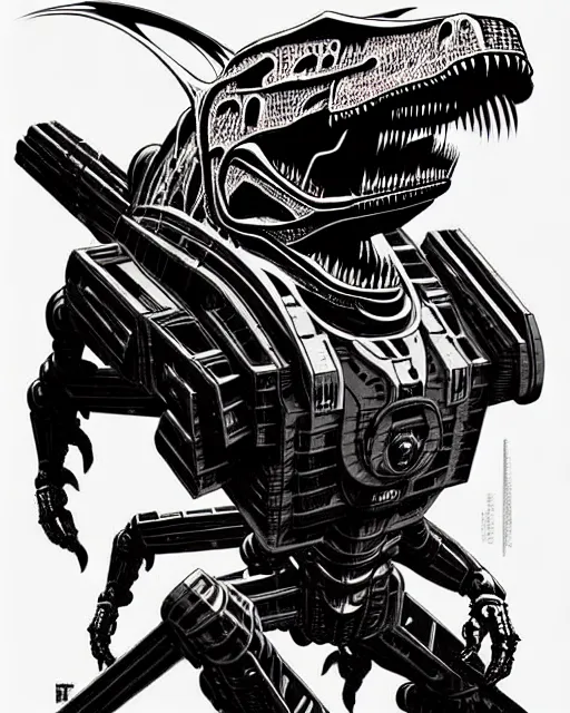 Image similar to a fierce mech cyborg t - rex dinosaur, transformer, high details, symmetry, bold line art, by vincent di fate and joe fenton, inking, etching, screen print, masterpiece, trending on artstation, sharp, high contrast, hyper - detailed,, hd, 4 k, 8 k