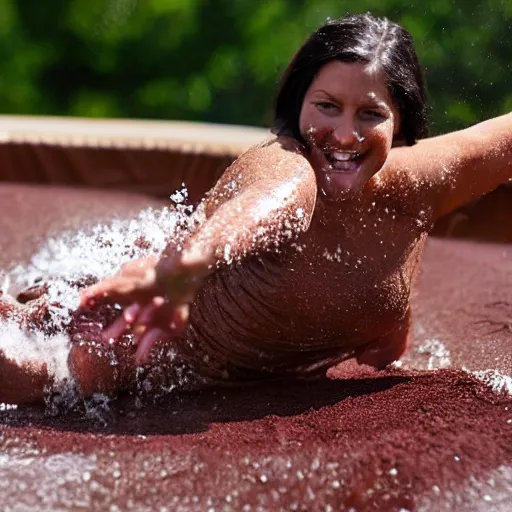 Image similar to adult sliding down chocolate pudding slip n slide legs first, professional photo taken at the park