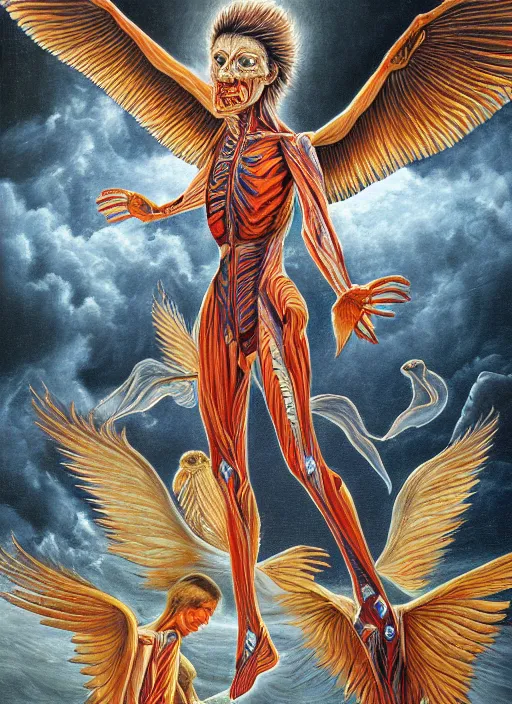 Image similar to an anatomical oil painting of a Harpy from a medical journal by Alex Grey and Julie Bell, highly detailed, high detail, 8k, storm clouds, birds, dramatic lighting