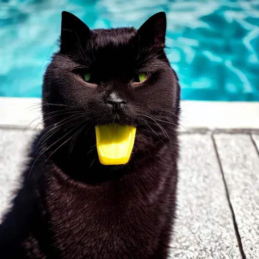 Prompt: a picture of an angry black fuzzy cat, white sharp big teeth and yellow eyes, sitting by a pool on a sunny day