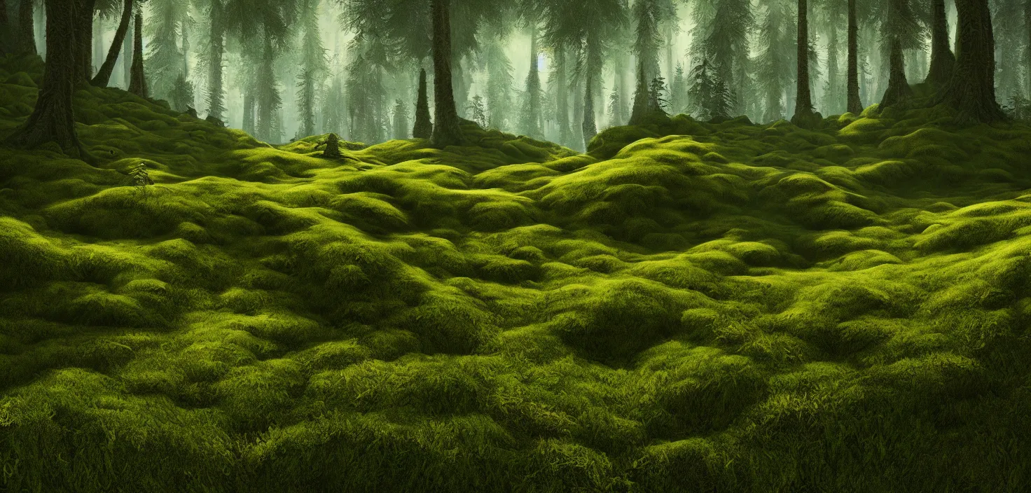 Prompt: random forest landscape, moss, incredible, vector art, octane render, fabulous, hyper detailed, random cinematic view, no noise, global illumination, warm lighting, volumetric, godrays, vivid, beautiful, by maxim shkret