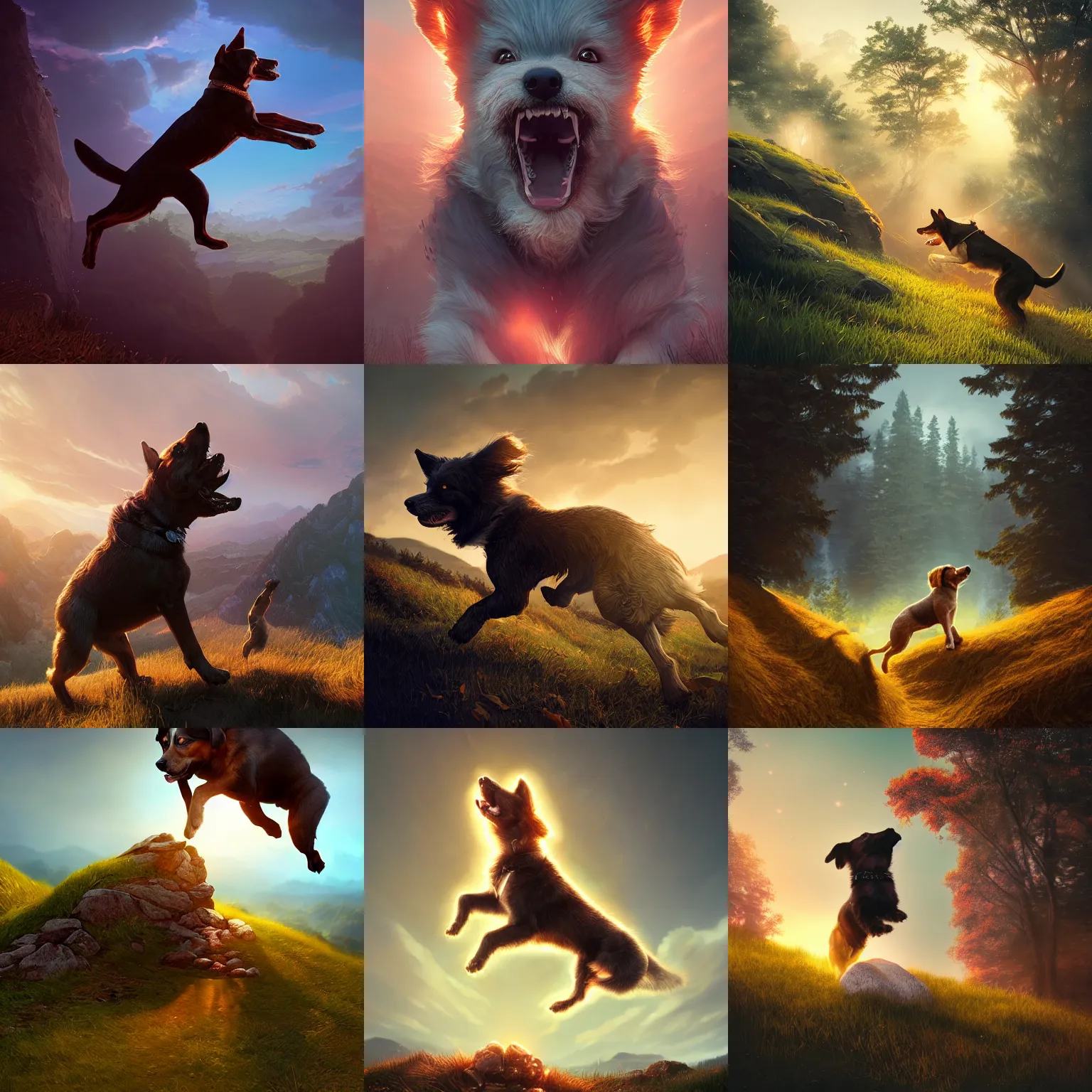 Prompt: dog jumps over hill, intricate, epic lighting, cinematic composition, hyper realistic, 8 k resolution, unreal engine 5, by artgerm, tooth wu, dan mumford, beeple, wlop, rossdraws, james jean, marc simonetti, artstation