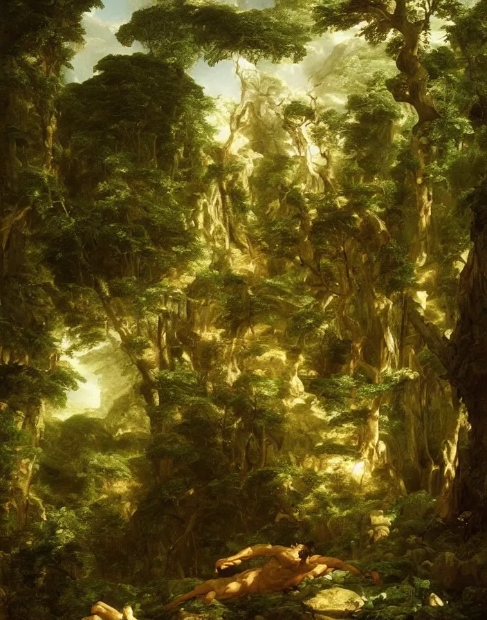 Prompt: an big ancient greek statue lost in a gigantic forest by thomas cole, painting, cinematography, epic lighting,