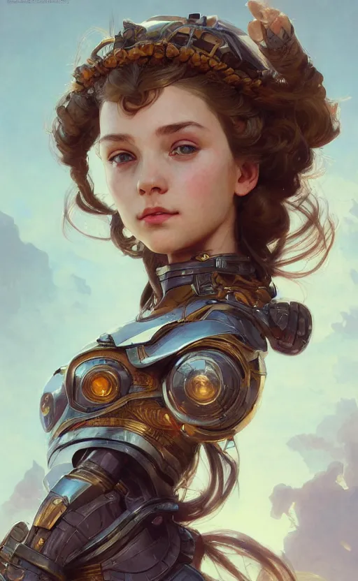 Image similar to portrait of a young girl goddess, technological armor, science fiction, confident, intricate, headshot, highly detailed, digital painting, artstation, concept art, sharp focus, cinematic lighting, illustration, art by artgerm and greg rutkowski, alphonse mucha, cgsociety