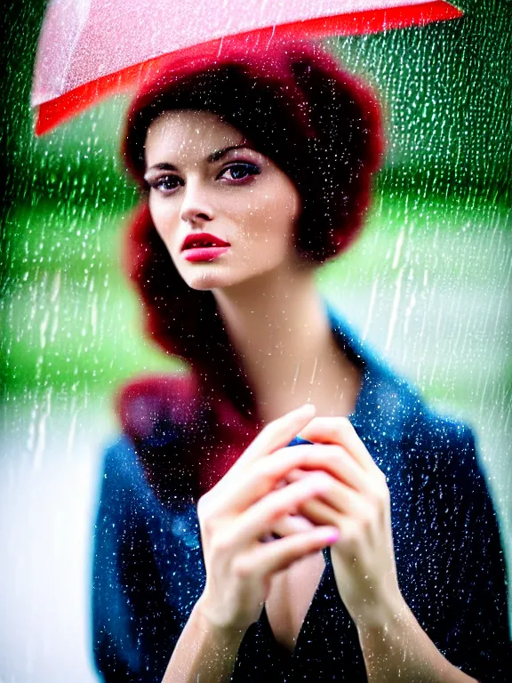 Image similar to kodak ektar 1 0 0 photo of a beautiful woman, lucy rosiek style 3 / 4, surrounded by rain in style of valeria lobbia, 1 5 0 mm lens, f 1. 2, elegant, highly detailed, sharp focus, head in focus, soft blur background, matt dreamy colours, volumetric lighting, hyper realistic