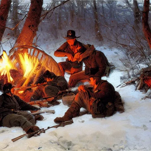 Image similar to civil war soldiers hunkering down in a trench in the snow, huddled around a small campfire for warmth at dusk. warm colors, hard angles, painting by gaston bussiere, craig mullins, j. c. leyendecker