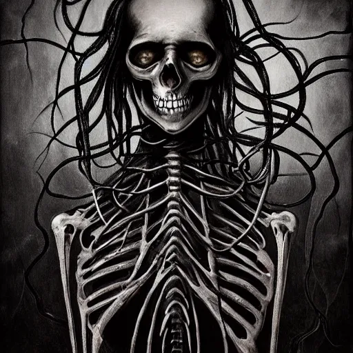 Image similar to award - winning painting of a skeleton infested with pitch black, tar - like, shadow roots with lots of tendrils on the skin, black veins, intricate detail, deep black roots, infestation, shadowy, lovecraftian, beksinksi, black and white, chiaroscuro, portrait painting