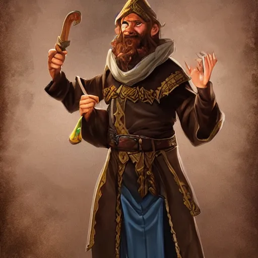 Image similar to Tarski Fiume, timid half-elf Time Wizard with short brown hair and a beard, iconic character art by Wayne Reynolds for Paizo Pathfinder RPG