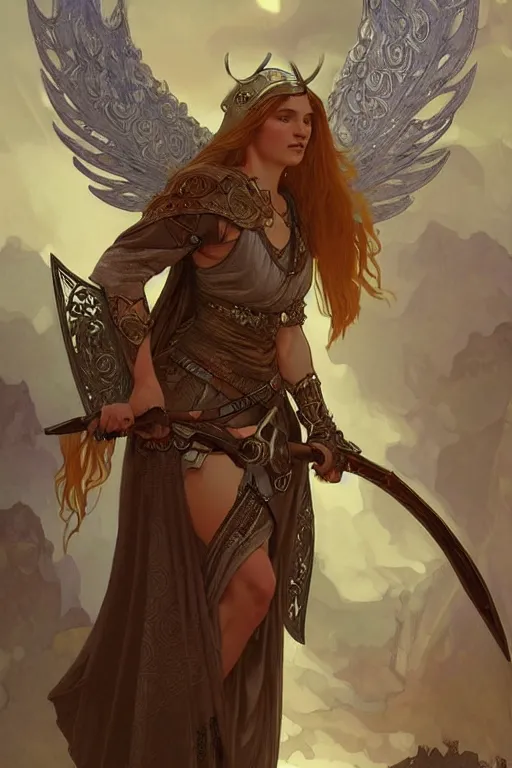 Prompt: Cristina Ricci as an Viking warrior angel, fantasy, intricate, elegant, highly detailed, digital painting, artstation, concept art, smooth, sharp focus, illustration, art by alphonse mucha