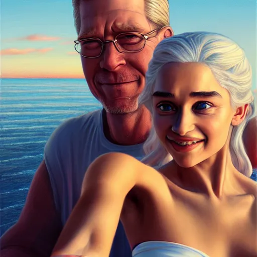 Image similar to beautiful serene intricate portrait of daenerys targaryen and hank hill taking a selfie, smiling softly, relaxing on the beach, golden hour, soft focus, 8 k, art by irakli nadar, hyperrealism, hyperdetailed, ultra realistic