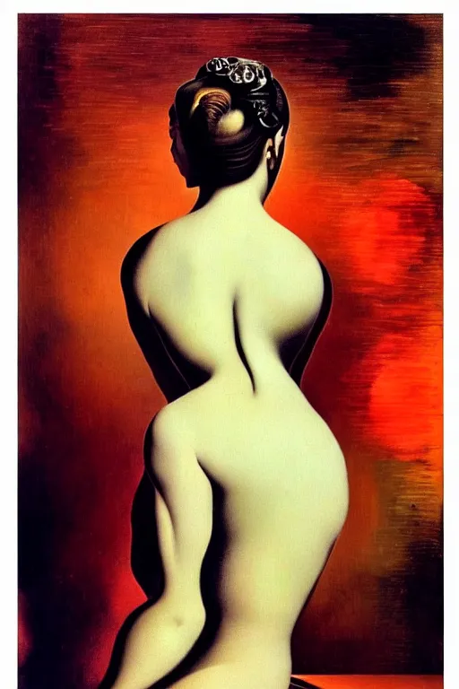 Image similar to beautiful woman by salvador dali, intricated details, 3 / 4 back view, hair styled in a bun, bendover posture, full body portrait, bright design, drips, autumn lights