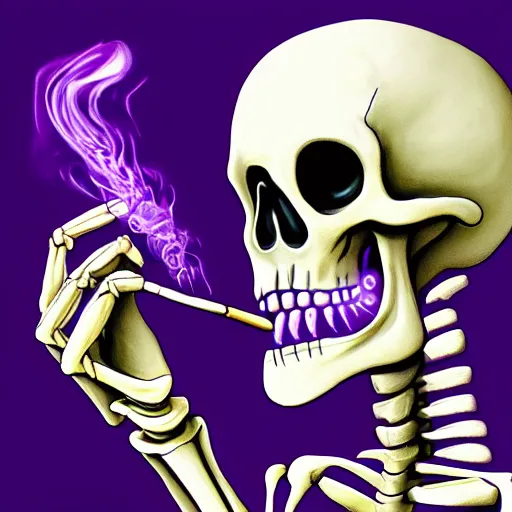 Image similar to a painting of a skeleton wearing a business suit and smoking a glowing purple cigar with glowing purple eyes, digital art, portrait, detailed