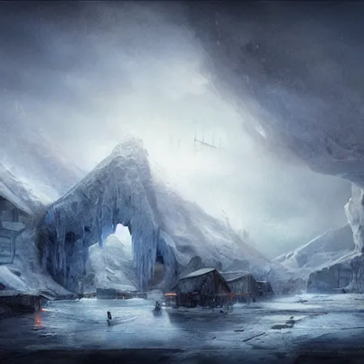 Image similar to ice city in 2 0 8 0, antarctica, technology, fantasy, landscape, 4 k, baptiste monge!!!!!!!!!!!!!!!!!!!!!, dark mood!!! overdetailed art