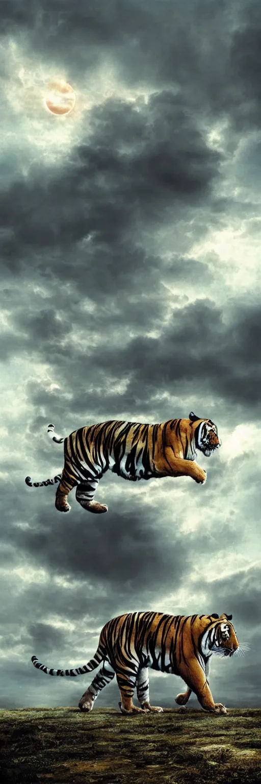 Image similar to a full side view Bengal Tiger walking parallel to 1950 3 storey plain block apparent, dramatic moonlight with some clouds, cinematic lighting, ultra detailed, highly detailed, sharp focus, scene et observed by 2 scaired blond European boys, photographic, art by artgerm and greg rutkowski and zdislav beksinski