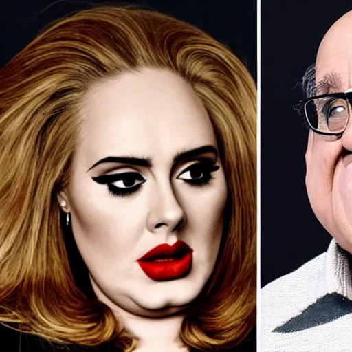 Prompt: Adele with Danny Devito face transplant, concert, live performance, full body shot