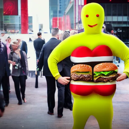 Image similar to MAN DRESSES UP IN A BURGER SUIT ATTENDS FAST FOOD CONVENTION, REALISM, REALISTIC, HDR, CLEAR IMAGE,