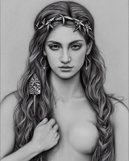 Image similar to long shot realism pencil drawing of the beautiful greek goddess aphrodite wearing a laurel wreath and arrowhead earrings, beautiful confident eyes, beautiful flowing hair, hyper realistic face, in the style of artgerm, fantasy, amazing detail, epic, elegant, smooth, sharp focus, from the front