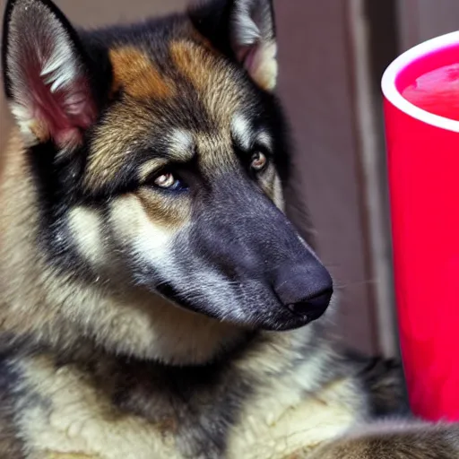 Image similar to german shepard husky mix drinking a bowl of red koolaid