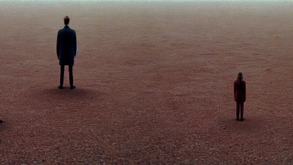 Image similar to 17 feet stepping around, film still from the movie directed by Wes Anderson with art direction by Zdzisław Beksiński, wide lens