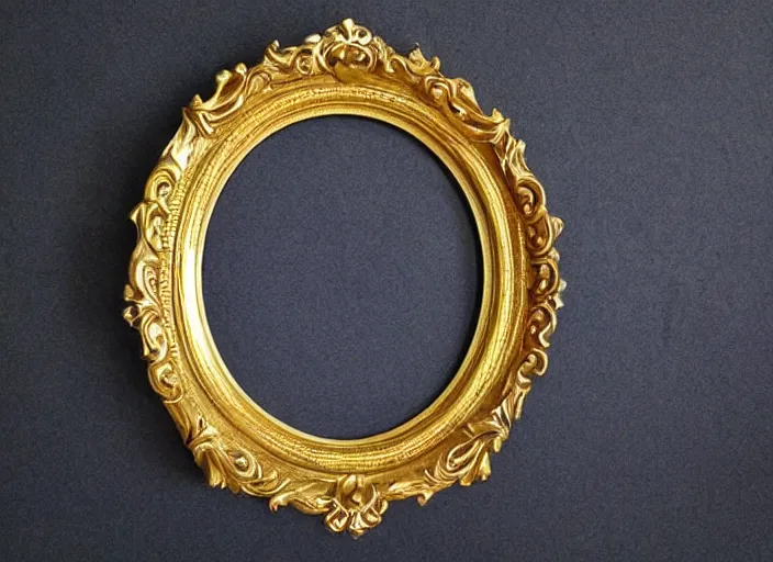 Prompt: beautiful baroque circular portrait picture frame, royal, gilded with gold, magical, fantasy, metallic