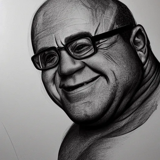 Image similar to black and white pencil sketch of a muscular Danny DeVito