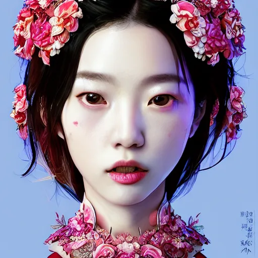 Prompt: the portrait of an absurdly beautiful, graceful, elegant, sophisticated, fashionable young japanese idol made of strawberries and white petals with tears, an ultrafine hyperdetailed illustration by kim jung gi, irakli nadar, intricate linework, bright colors, octopath traveler, final fantasy, unreal engine 5 highly rendered, global illumination, radiant light, detailed and intricate environment