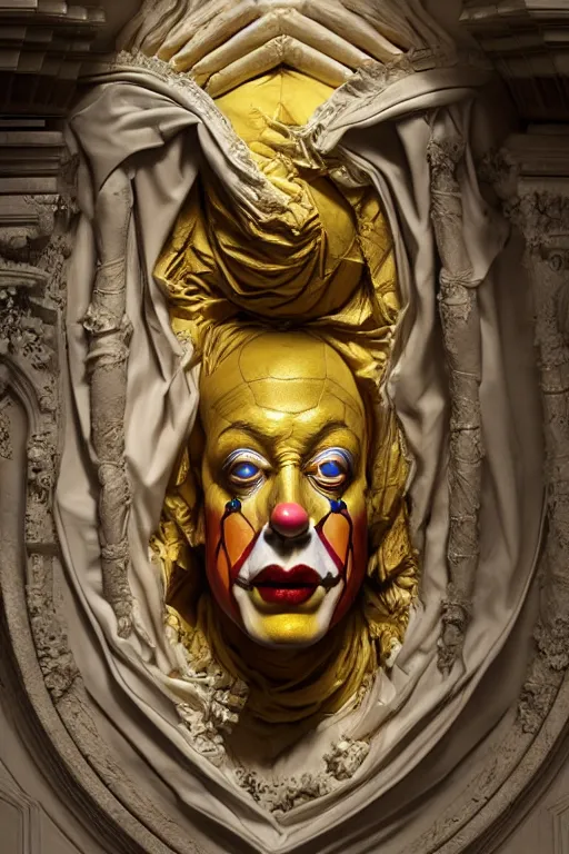 Prompt: Epic view of intricate stained Clown looking backwards using a golden veil statue sculpted on white marble by Antonio Corradini, Wayne Barlowe and Artem Demura