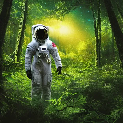 Prompt: an astronaut scans the lush forest, digital art, epic composition, highly detailed, cinematic lighting