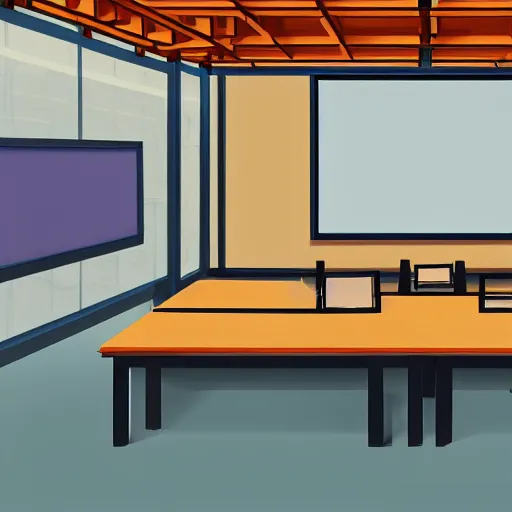 Prompt: a japanese high school classroom, artstation, deviantart, highly detailed, empty, whiteboard, kanji, visual novel, calming, grey colours