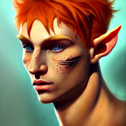 Prompt: portrait painting of an elven eladrin young man with short light orange hair and freckles and tribal tattoos on his cheekbones, sharp focus, award - winning, trending on artstation, masterpiece, highly detailed, intricate. art by merwild and ernesto irawan and rachel denton