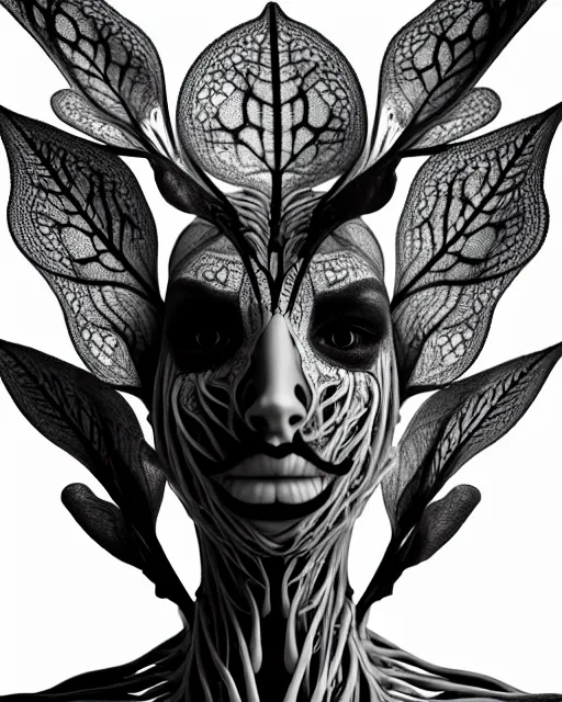 Image similar to a contrasted black and white 3D render of a beautiful female vegetal-dragon-cyborg, 150 mm, orchid stems, ivy, fine lace, Mandelbrot fractal, anatomical, flesh, facial muscles, microchip, veins, arteries, full frame, microscopic, elegant, highly detailed, flesh ornate, elegant, high fashion, rim light, octane render in the style of H.R. Giger and Man Ray