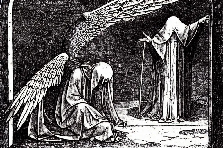 Prompt: fallen angel begs to enter the gates of hell by moebius and hieronymus bosch