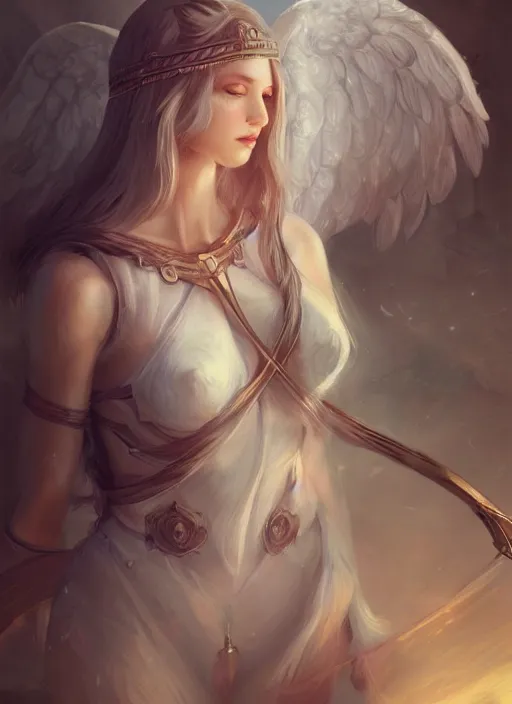 Prompt: beautiful 4 k female portrait, wolf, aasimar angel with wings, tarot card art, character concept art, oilpainting, cinematic lighting, trending in artstation, cgsociety, by wlop, artgerm