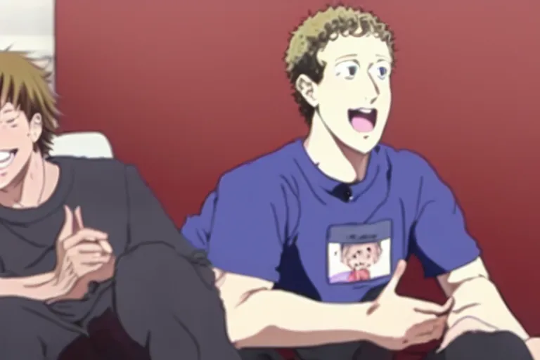 Image similar to mark Zuckerberg watching anime and having a laugh