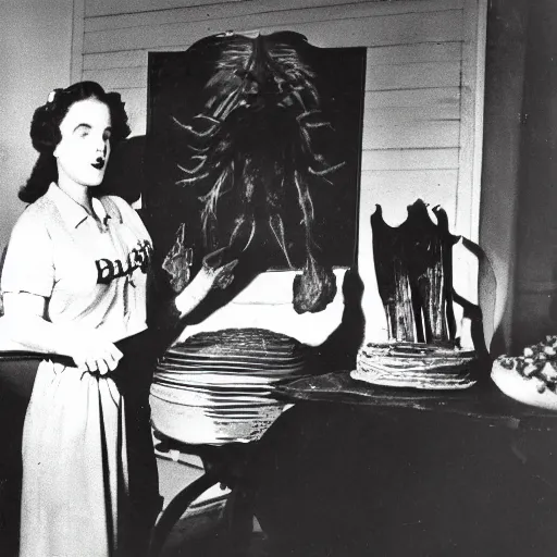 Image similar to photo of a housewife summoning a unspeakable demonic manifestation, newspaper photo, 1946