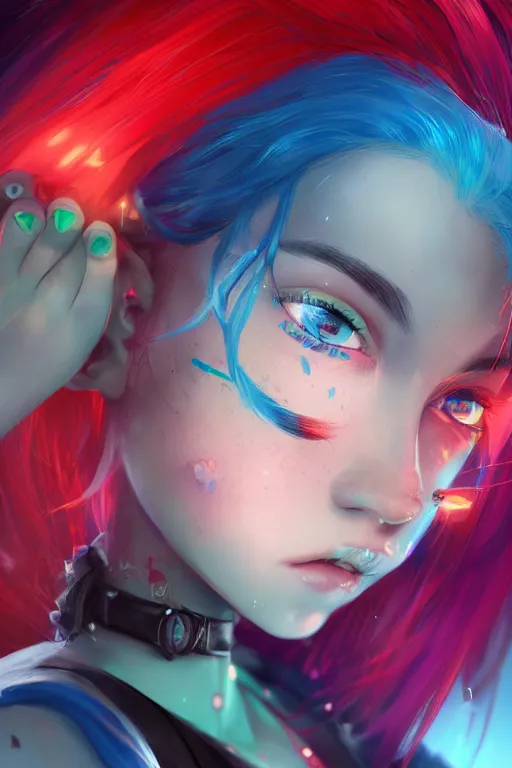 Prompt: portrait of a teenage female human with blue hair and red eyes and green skin fantasy artwork epic detailed and intricate digital painting trending on artstation by wlop octane render