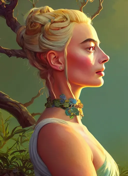 Prompt: side profile centered painted portrait, margot robbie as female tea ore forest druid, d & d, gloomhaven, matte painting concept art, art nouveau, beautifully backlit, swirly vibrant color lines, fantastically gaudy, aesthetic octane render, 8 k hd resolution, by ilya kuvshinov and cushart krentz and gilleard james