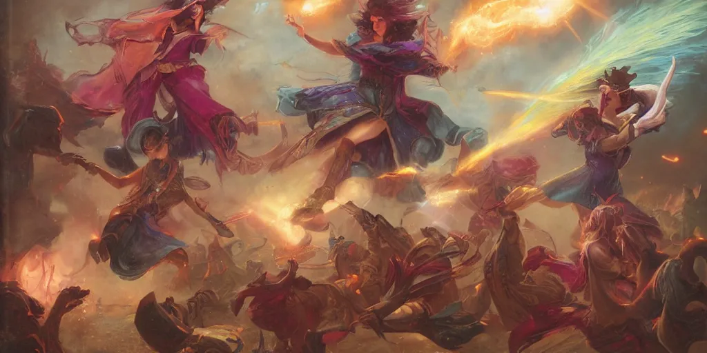 Prompt: Battle of the mages by Adrian Smith and Delphin Enjolras and Daniel F. Gerhartz