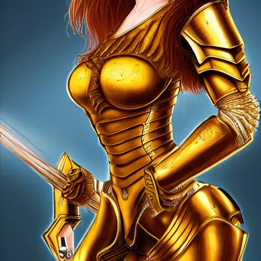 Prompt: a beautiful woman wearing gold armor, redhead, short hair, digital art, extremely detailed