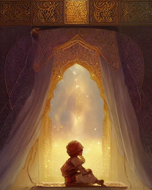 Image similar to a faceless bedouin child infront of a big open quran highly detailed, gold filigree, romantic storybook fantasy, soft cinematic lighting, award, disney concept art watercolor illustration by mandy jurgens and alphonse mucha and alena aenami, pastel color palette, featured on artstation