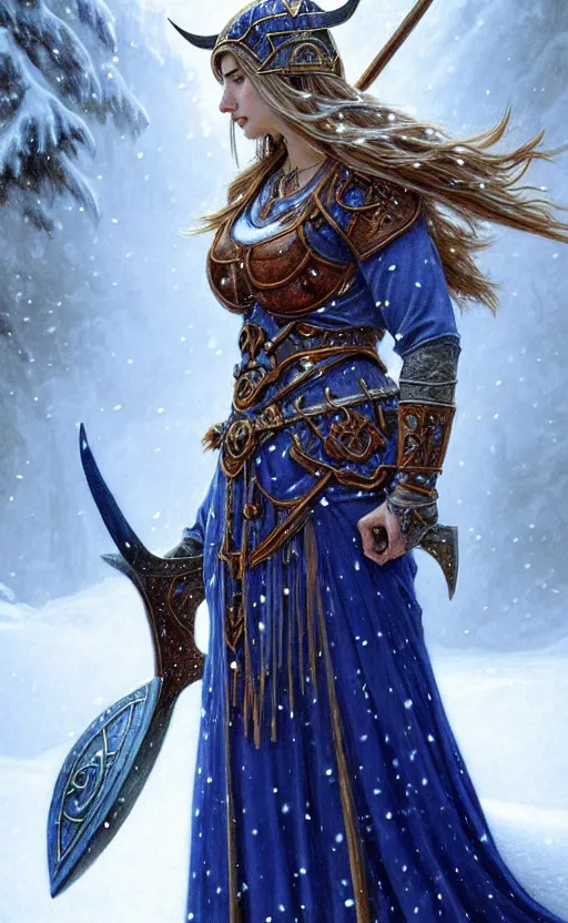 Prompt: lapis lazuli viking warrior, regal, elegant, winter, snow, beautiful, stunning, hd, illustration, epic, d & d, fantasy, intricate, elegant, highly detailed, wide angle, digital painting, artstation, concept art, smooth, sharp focus, illustration, wallpaper, art by artgerm and greg rutkowski and alphonse mucha and jin xiaodi