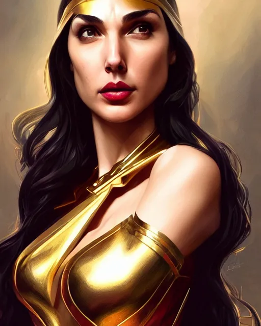 Image similar to gal gadot vampire, perfect face, gold waistcoat, cinematic, stunning, highly detailed, digital painting, artstation, smooth, hard focus, illustration, art by artgerm and greg rutkowski and alphonse mucha