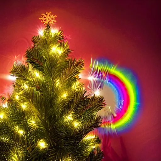 Prompt: rainbow lorakeets in a christmas tree, sparkling light, christmas lights, vaseline lens, sacred golden light, nostalgia