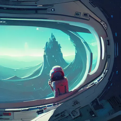 Prompt: An alien looking out of a window in space on a spaceship, collaborative illustration illustrated by Greg Rutkowski and Anton Fadeev, sci-fi art, photorealistic details, intricate details, 4k, 8k.