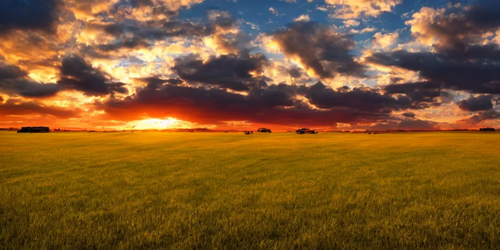 Prompt: empty grass land for miles in every direction there is a long caravan of people and wagons on the horizon puffy clouds in the sky at sunset, golden hour, rule of thirds, realistic art, red and yellow