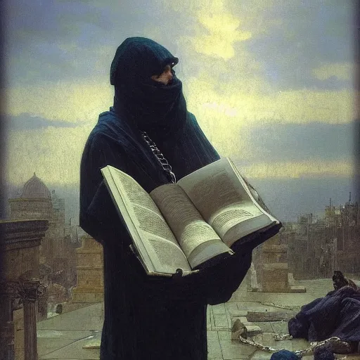 Image similar to half portait of magican wearing a closed cowl holding a big old book! with chains on his wrist, jeremy mann, jean leon gerome, alphonse mucha, greg rutkowski, hood covers his eyes, ( ( ruins of ancient rome ) ), at dusk, mysterious atmosphere, sunrays, dof, masterpiece, high detailed, 8 k